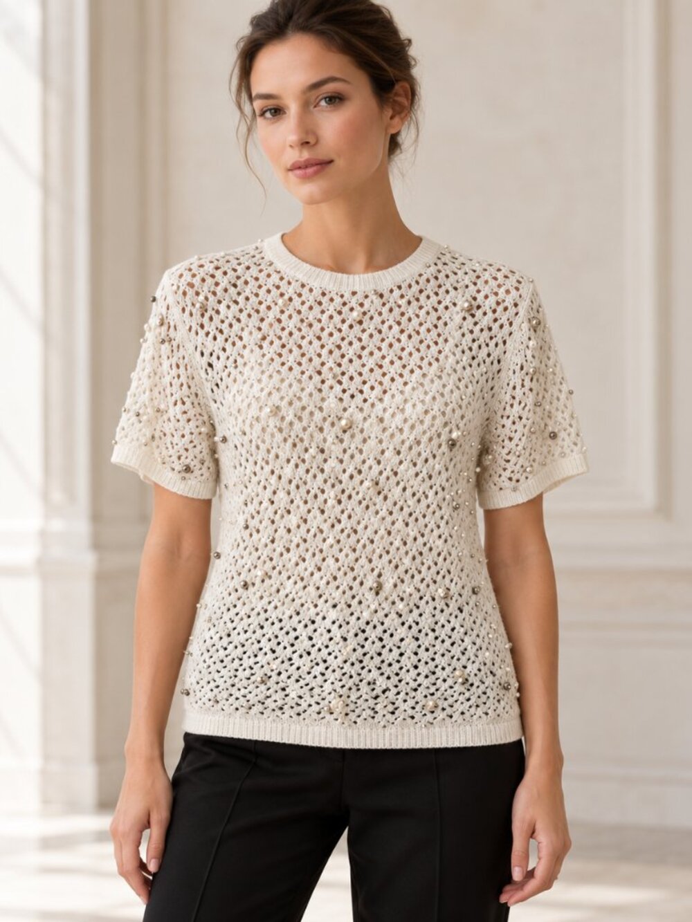 Jason Wu Womens L Cream Beaded Open Knit Sweater Short Sleeve Designer Top